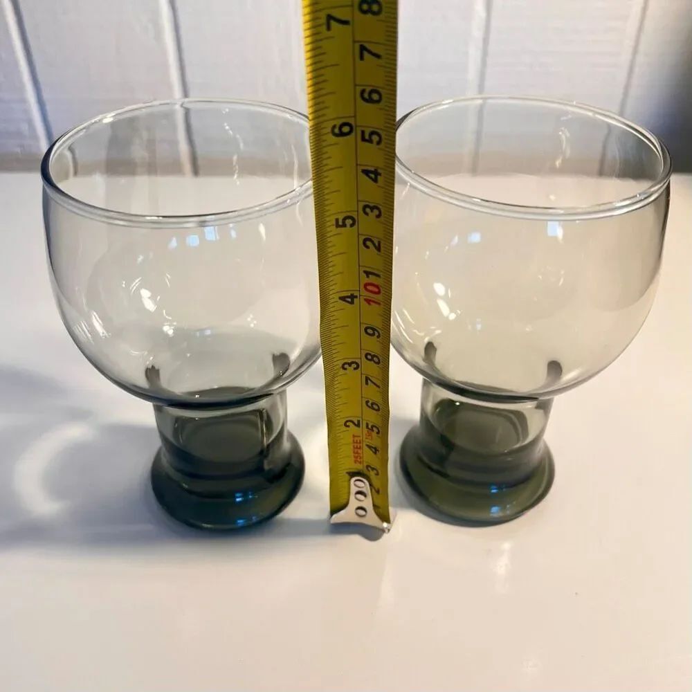 Set of 2 Vintage MCM Libbey STAX SMOKE Gray Pedestal Glasses Goblets Retro Barwa - Picture 5 of 6